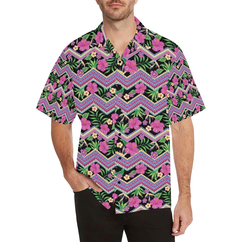 Hibiscus Pink Zigzag Line Pattern Design LKS307 Men's Hawaiian Shirt