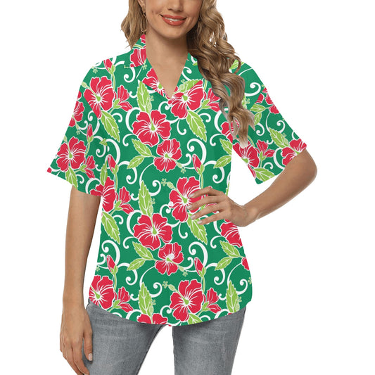Red Hibiscus Pattern Print Design HB019 Women's Hawaiian Shirt