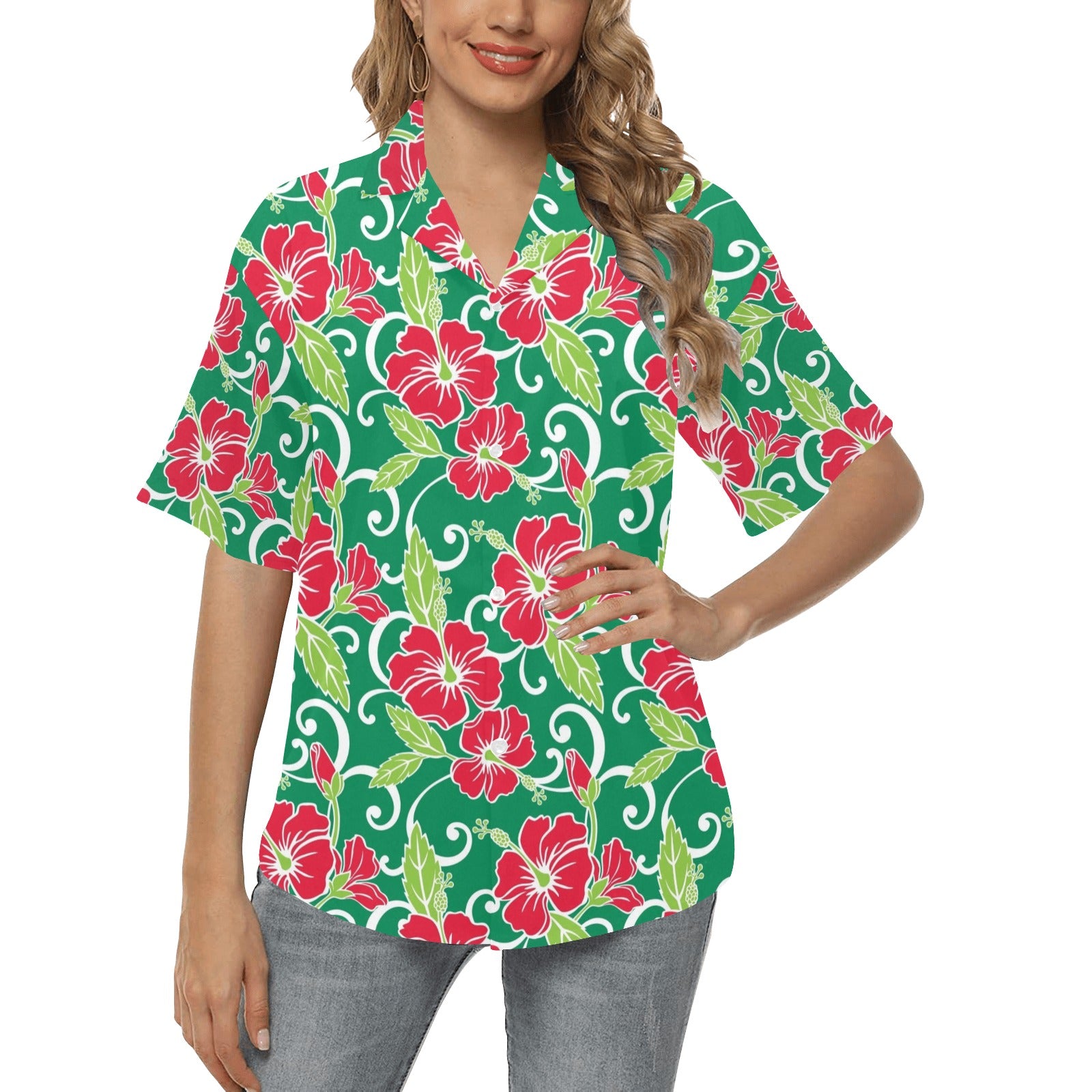 Red Hibiscus Pattern Print Design HB019 Women's Hawaiian Shirt