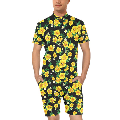 Yellow Hibiscus Pattern Print Design HB08 Men's Romper