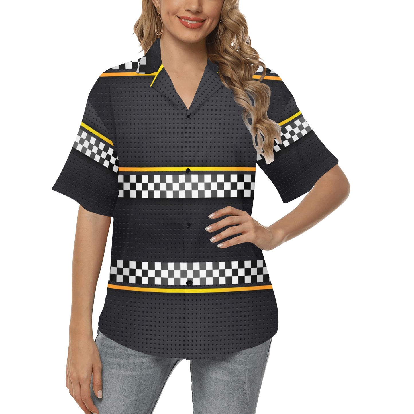 Checkered Flag Yellow Line Style Women's Hawaiian Shirt