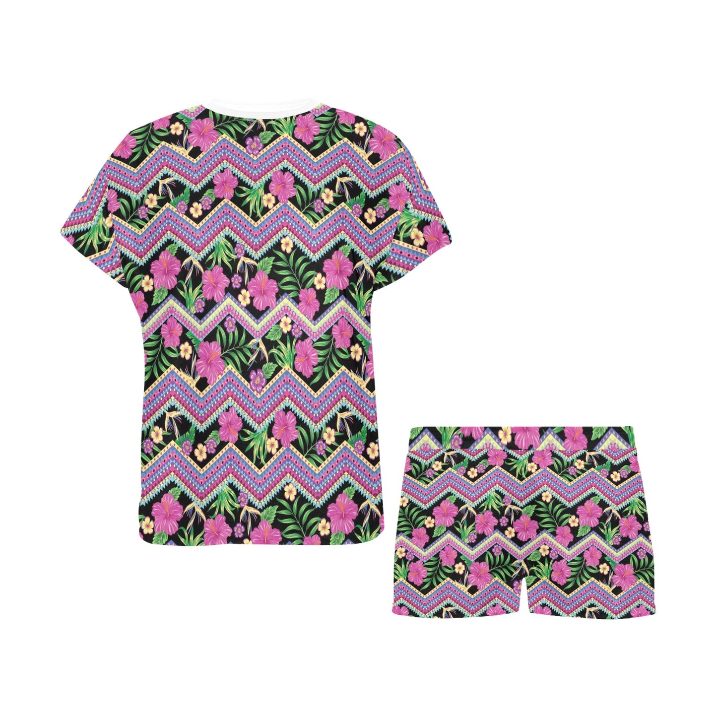 Hibiscus Pink Zigzag Line Pattern Design LKS307 Women's Short Pajama Set