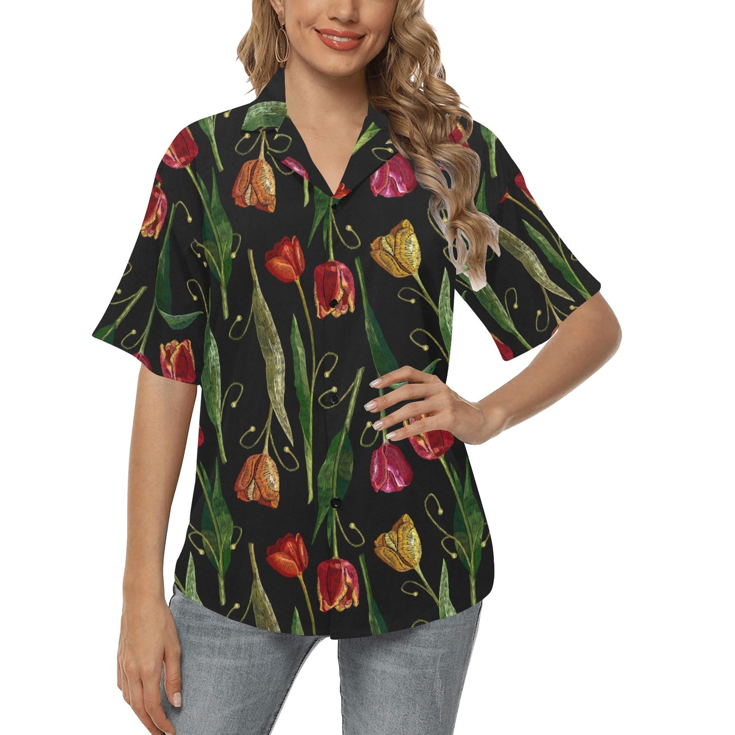 Tulip Embroidered Pattern Print Design TP01 Women's Hawaiian Shirt