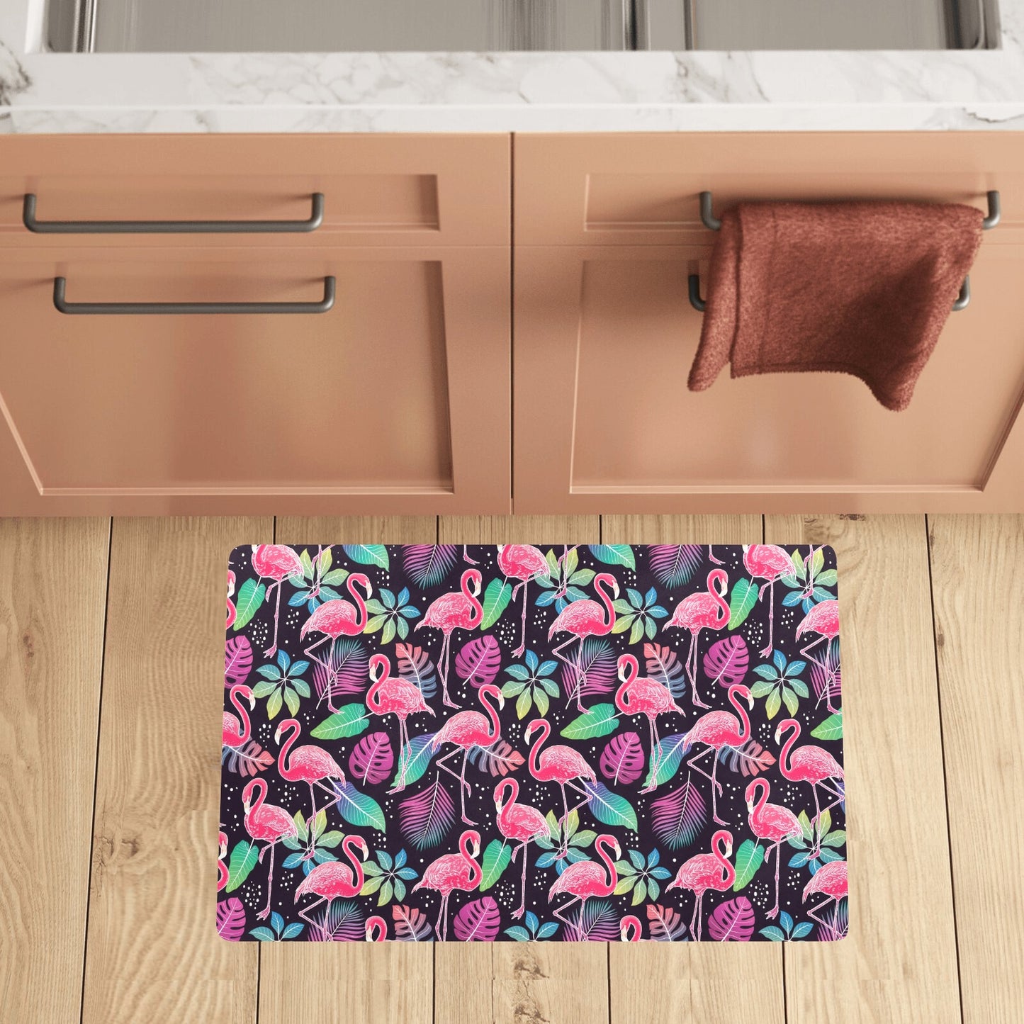 Flamingo Tropical leaves Neon Print Kitchen Mat