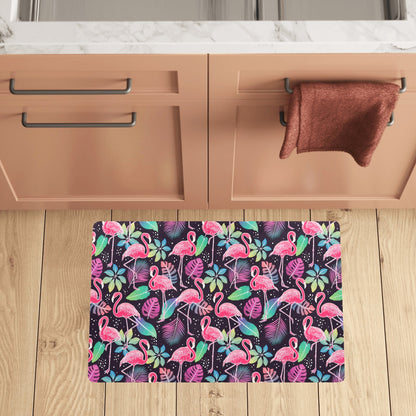 Flamingo Tropical leaves Neon Print Kitchen Mat