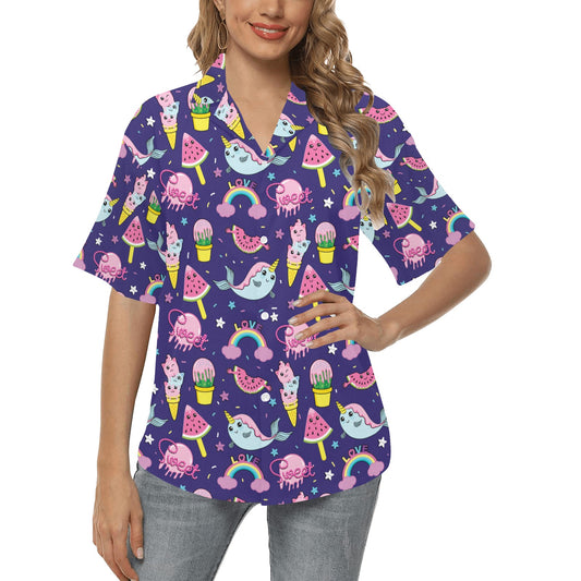 Narwhal Cute Pattern Print Design 02 Women's Hawaiian Shirt