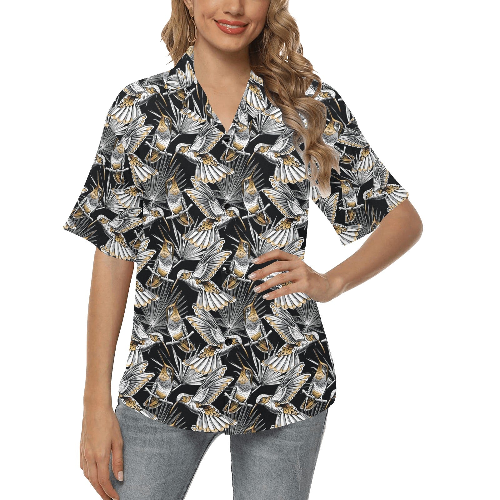 Hummingbird Gold Design Themed Print Women's Hawaiian Shirt