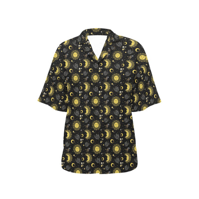 Sun Moon Golden Design Themed Print Women's Hawaiian Shirt