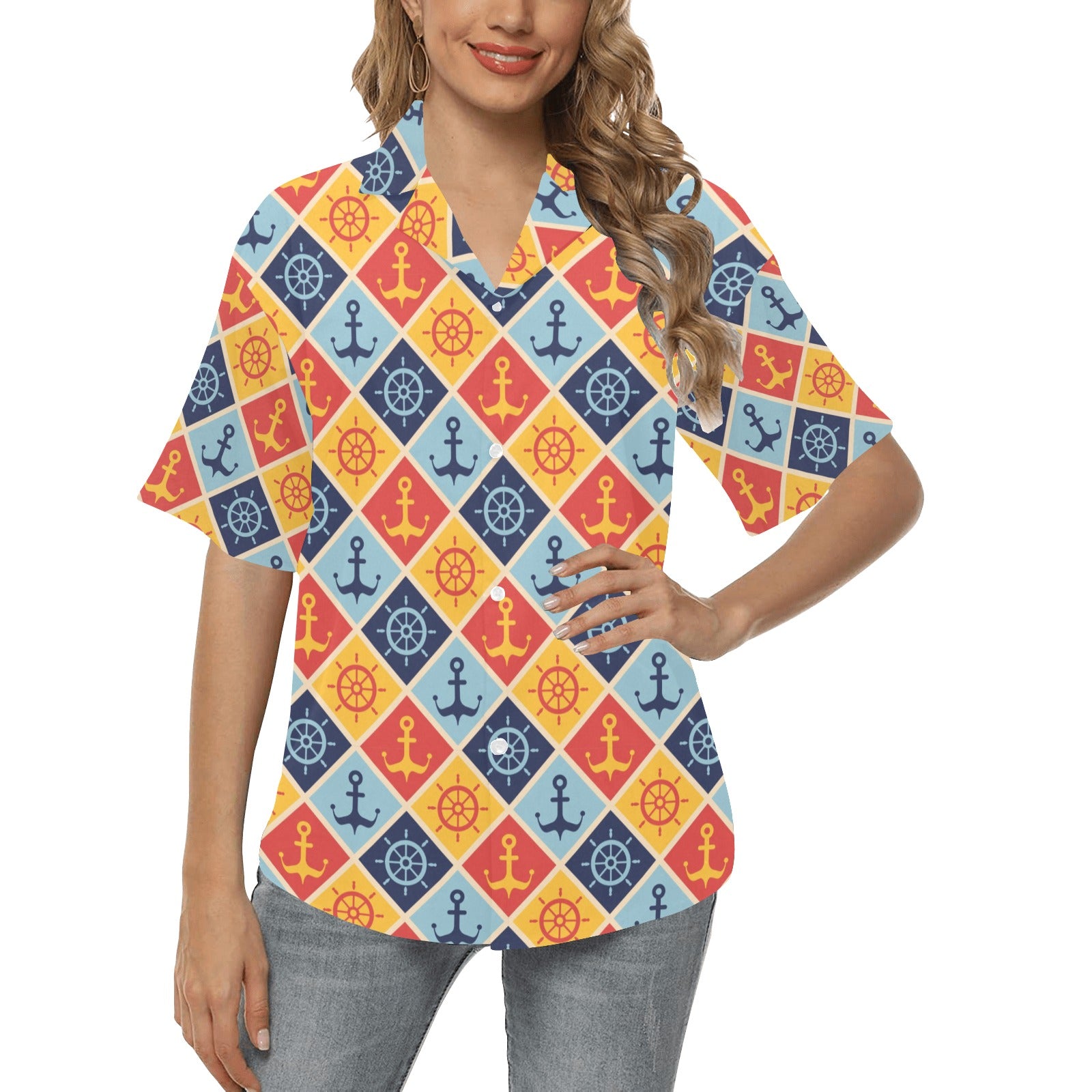 Nautical Pattern Design Themed Print Women's Hawaiian Shirt