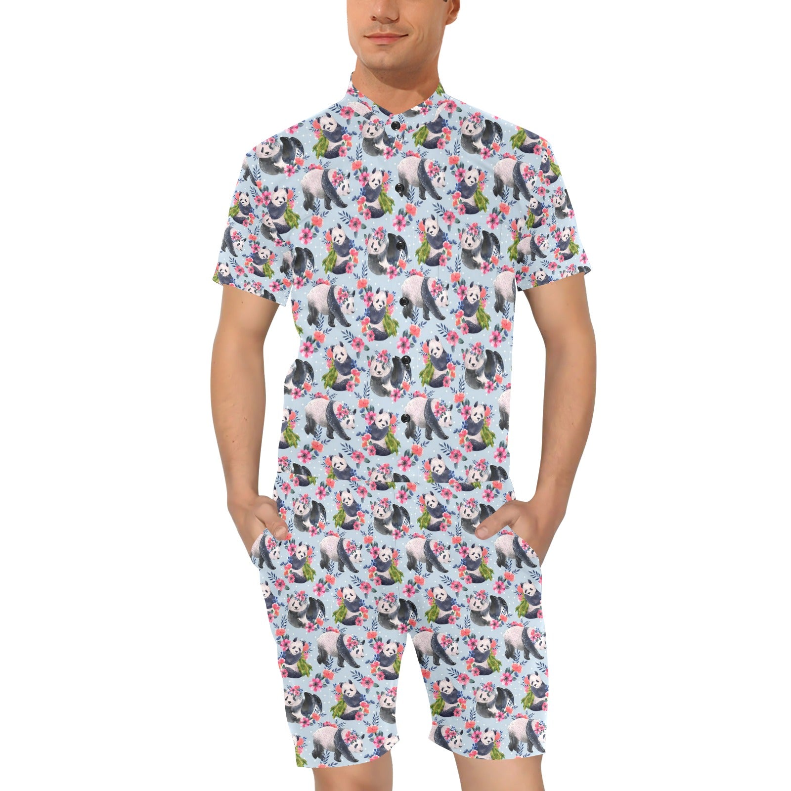 Panda Bear Flower Design Themed Print Men's Romper