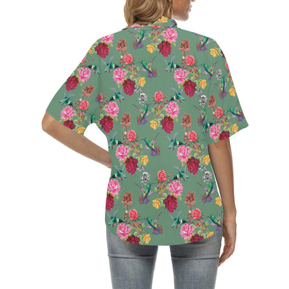 Hummingbird with Rose Themed Print Women's Hawaiian Shirt