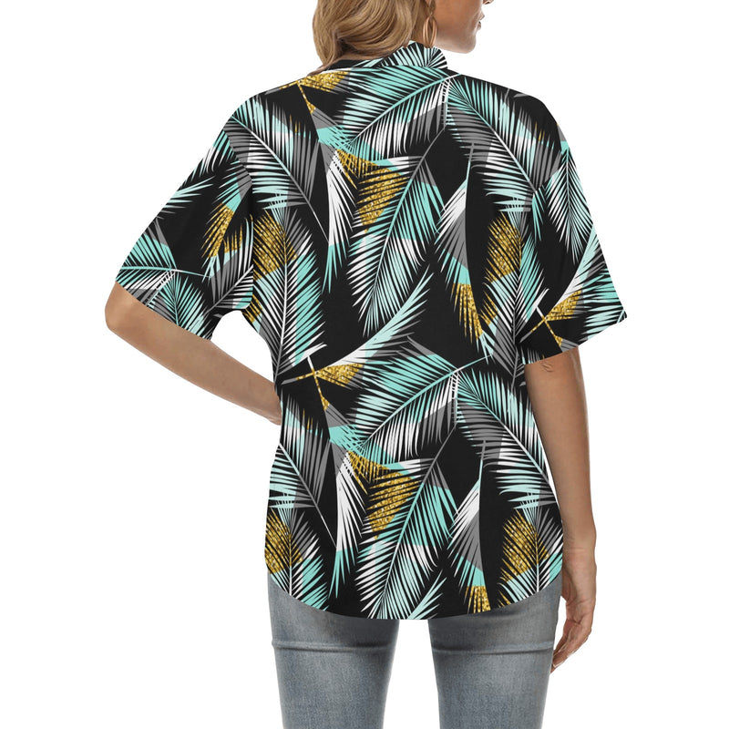 Gold Glitter Cyan Tropical Palm Leaves Women's Hawaiian Shirt