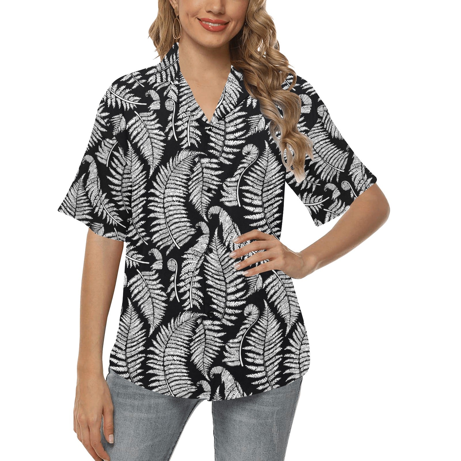 Fern Leave Black White Print Pattern Women's Hawaiian Shirt