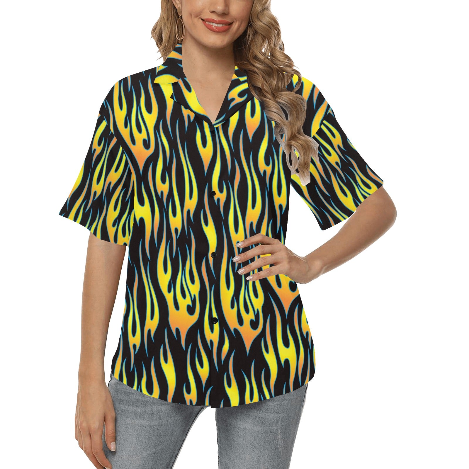 Flame Fire Yellow Pattern Women's Hawaiian Shirt