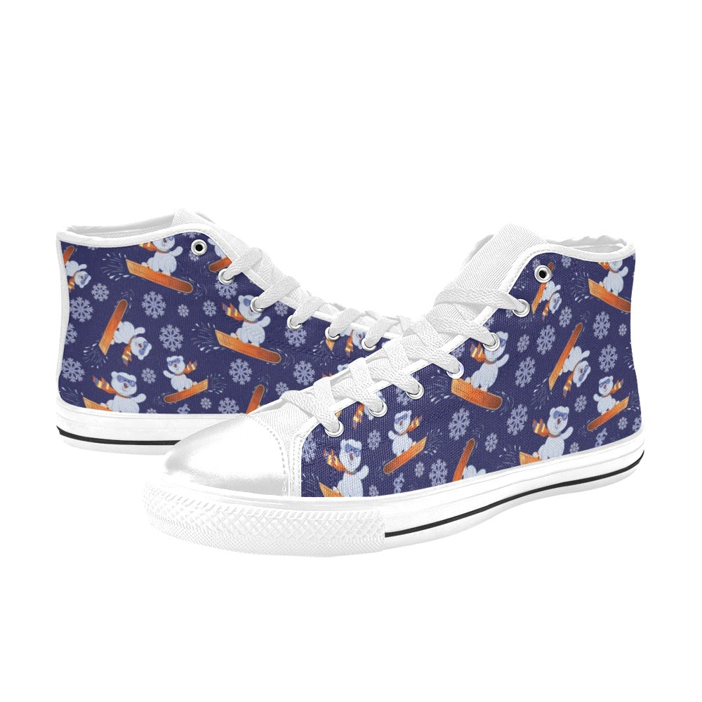 Snowboard Bear Print Design LKS305 High Top Women's White Shoes