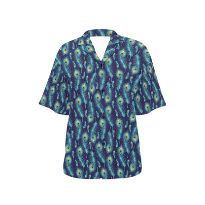 Peacock Feather Blue Design Print Women's Hawaiian Shirt