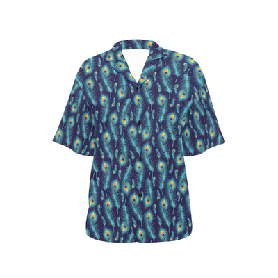 Peacock Feather Blue Design Print Women's Hawaiian Shirt