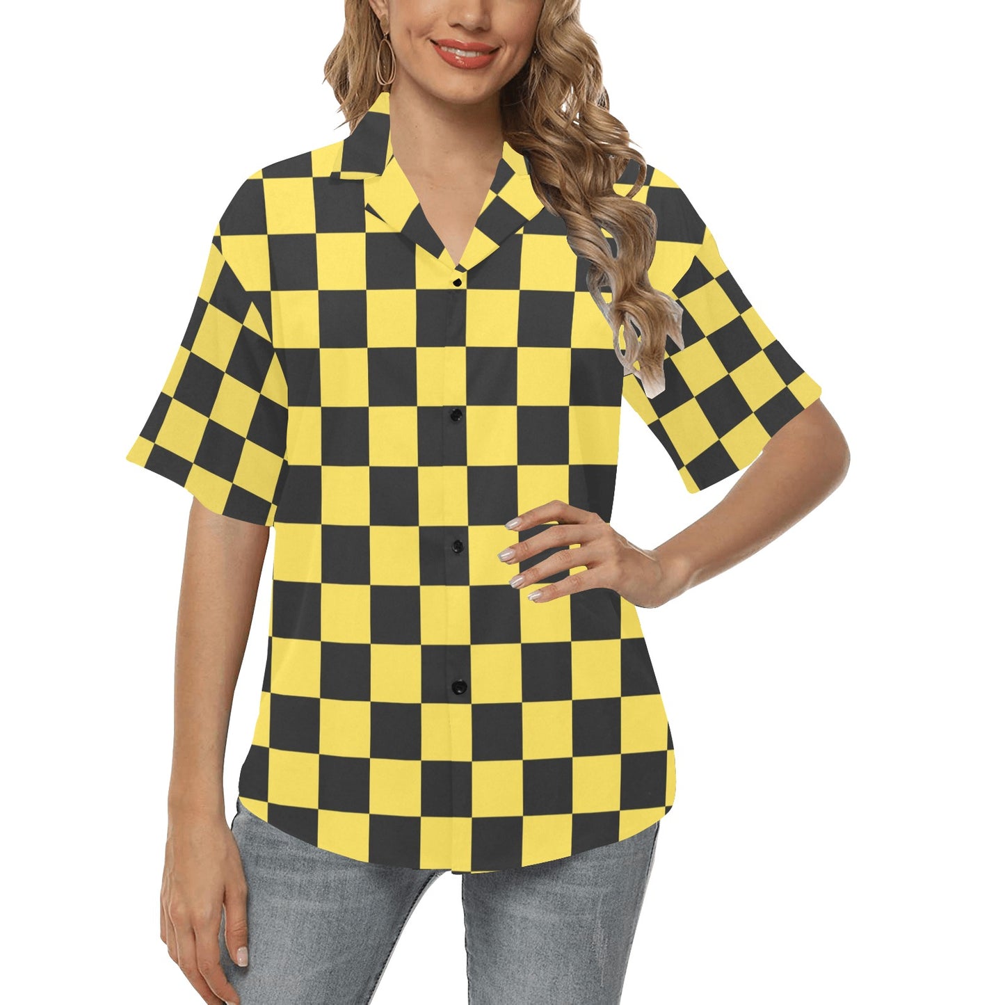 Checkered Yellow Pattern Print Design 03 Women's Hawaiian Shirt