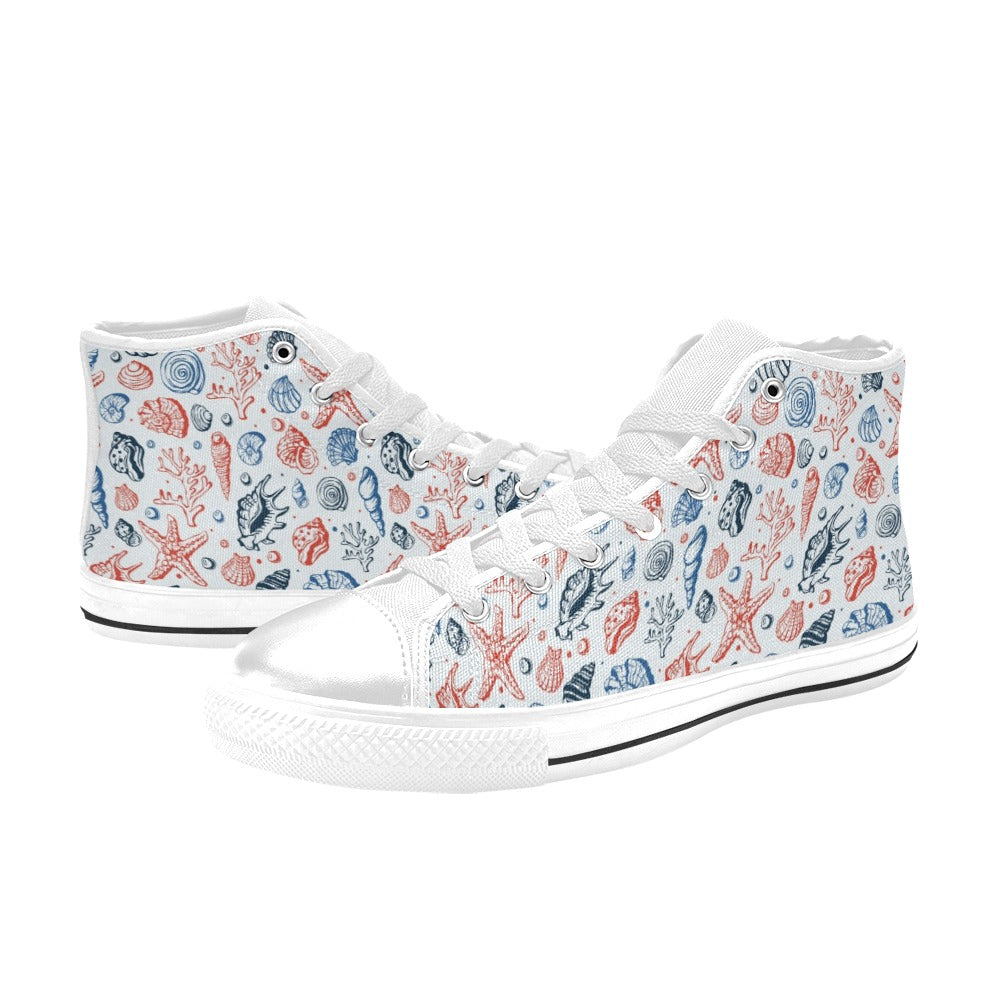 Seashell Print Design LKS307 High Top Women's White Shoes