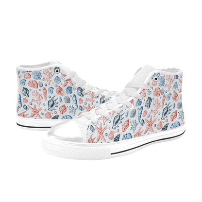 Seashell Print Design LKS307 High Top Women's White Shoes