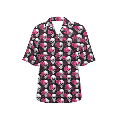 Pink Rose Skull Themed Print Women's Hawaiian Shirt