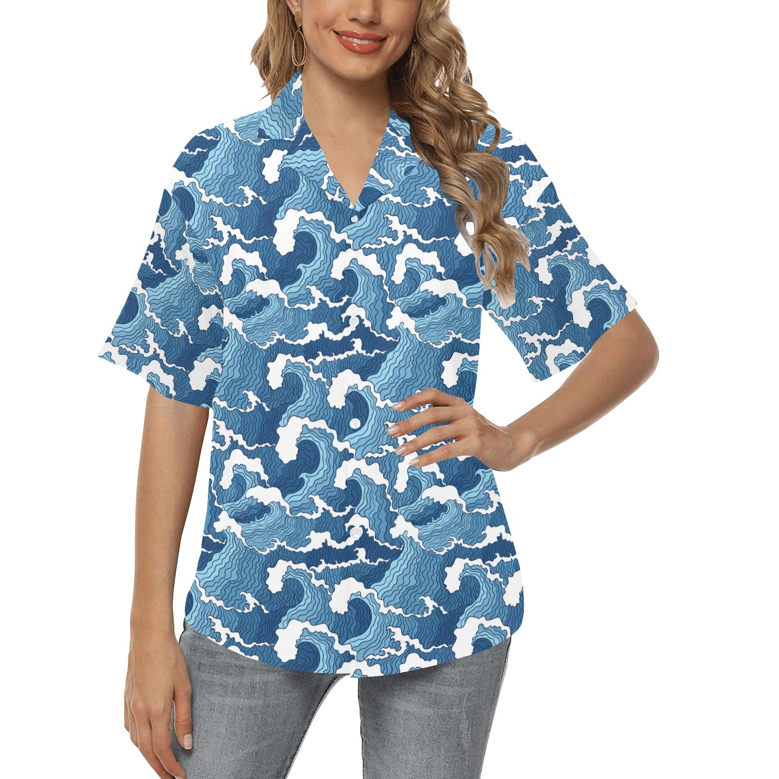 Wave Themed Pattern Print Women's Hawaiian Shirt