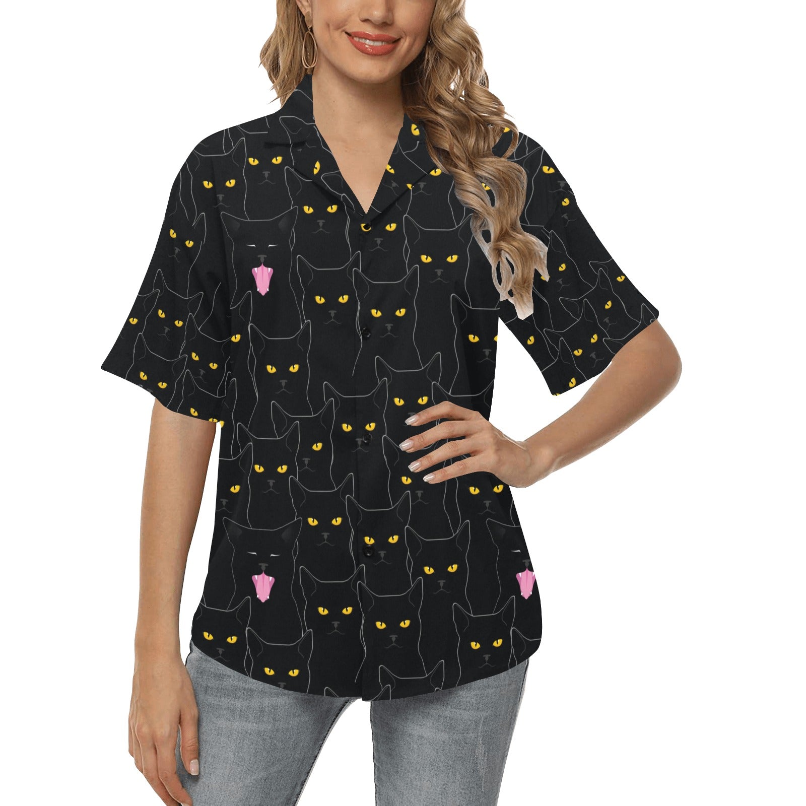 Black Cat Yellow Eyes Print Pattern Women's Hawaiian Shirt