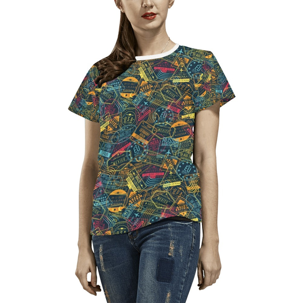 Travel Stamp Colorful Print Design LKS304 Women's  T-shirt