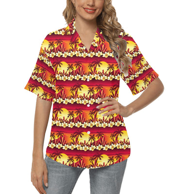 Hawaiian Tropical Sunset Hibiscus Print Women's Hawaiian Shirt