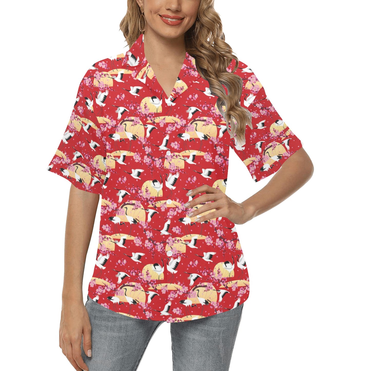 Crane Pattern Print Design 04 Women's Hawaiian Shirt