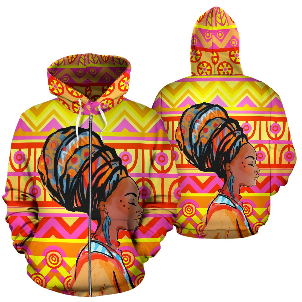 African Girl Aztec All Over Zip Up Hoodie