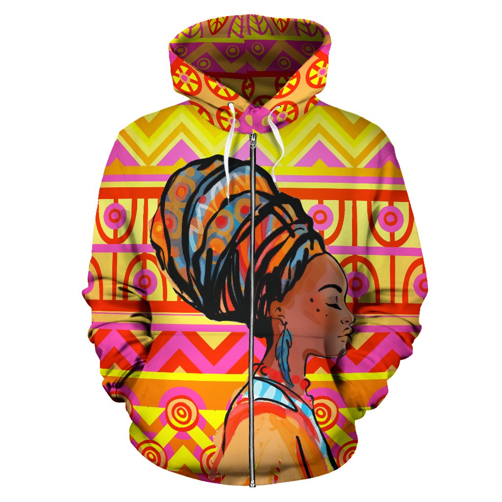 African Girl Aztec All Over Zip Up Hoodie