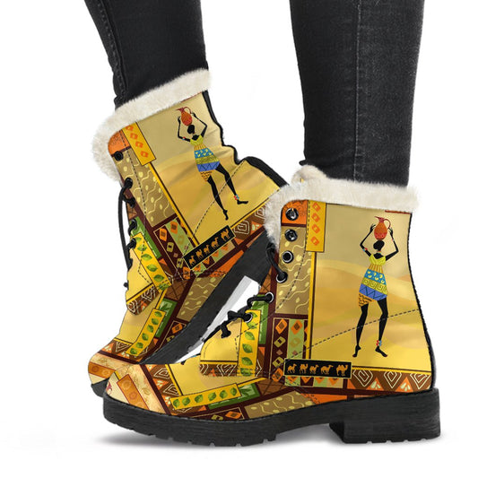 African Girl Design Faux Fur Leather Boots