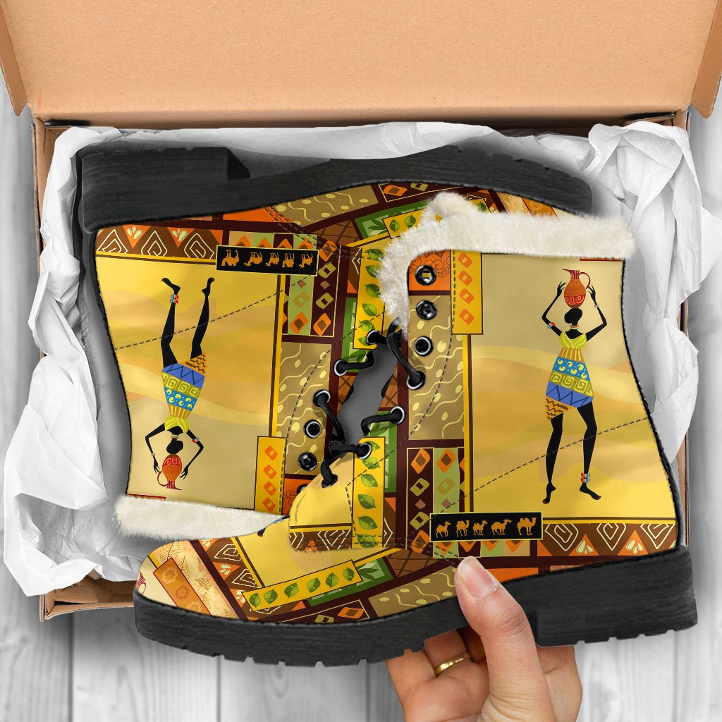 African Girl Design Faux Fur Leather Boots