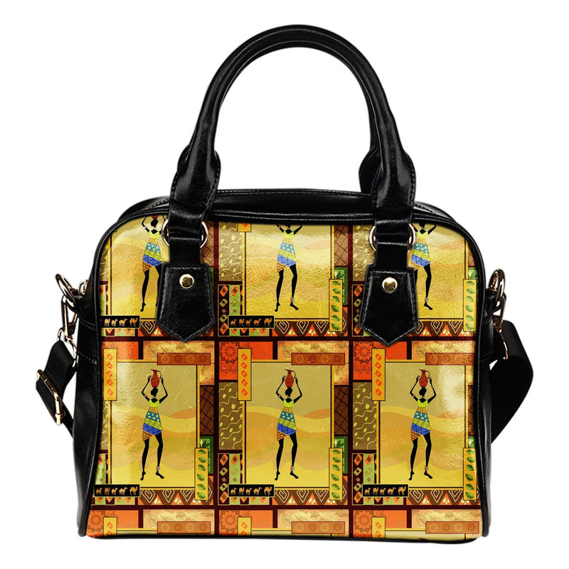 African Girl Design Leather Shoulder Handbag