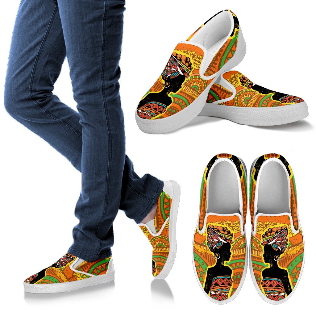 African Girl Print Men Canvas Slip On Shoes