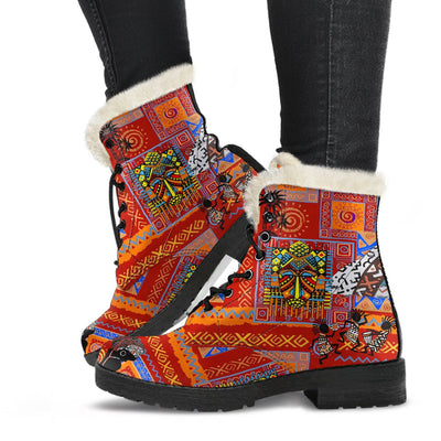 African Print Pattern Faux Fur Leather Boots