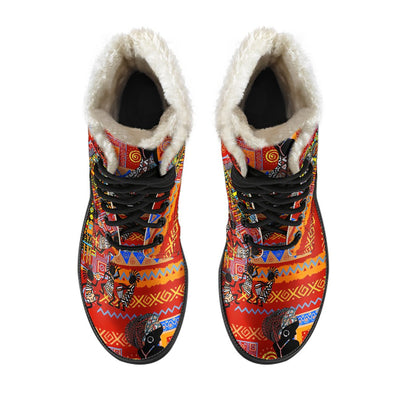 African Print Pattern Faux Fur Leather Boots