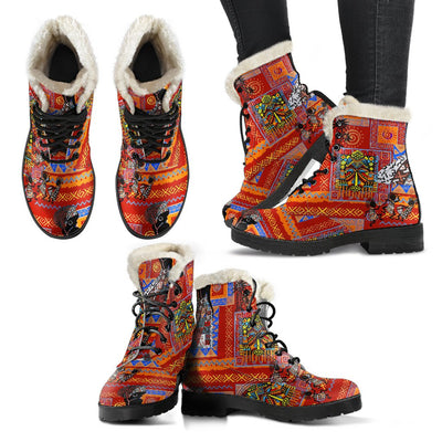 African Print Pattern Faux Fur Leather Boots