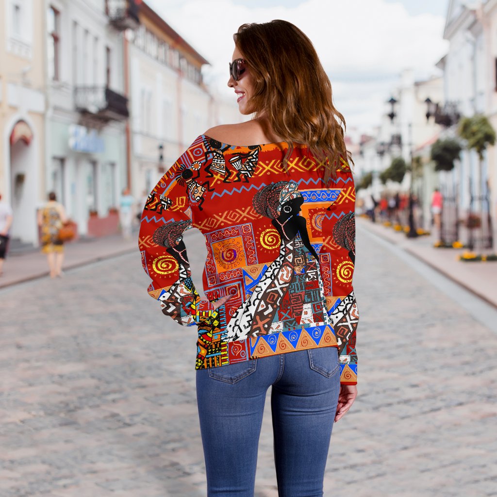 African Print Pattern Off Shoulder Sweatshirt