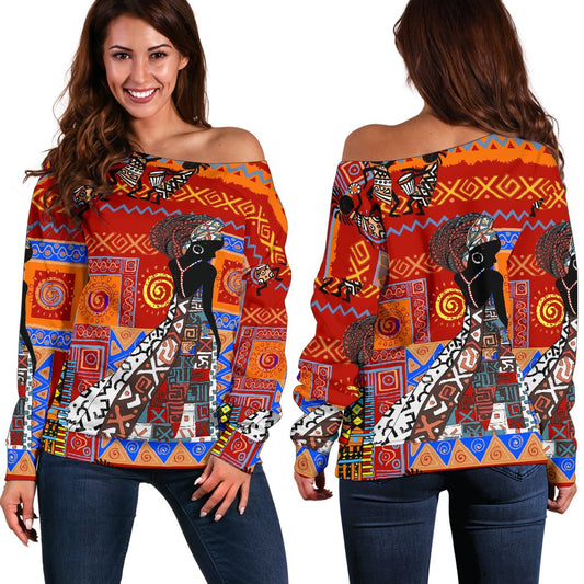 African Print Pattern Off Shoulder Sweatshirt