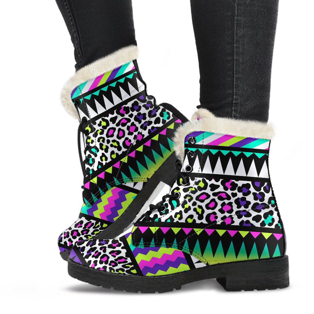 Animal Skin Aztec Rainbow Faux Fur Leather Boots