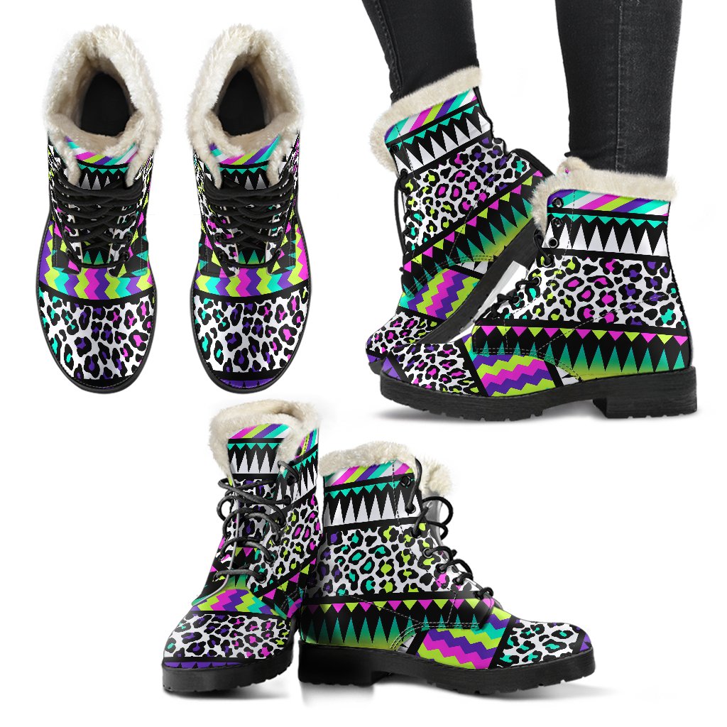 Animal Skin Aztec Rainbow Faux Fur Leather Boots