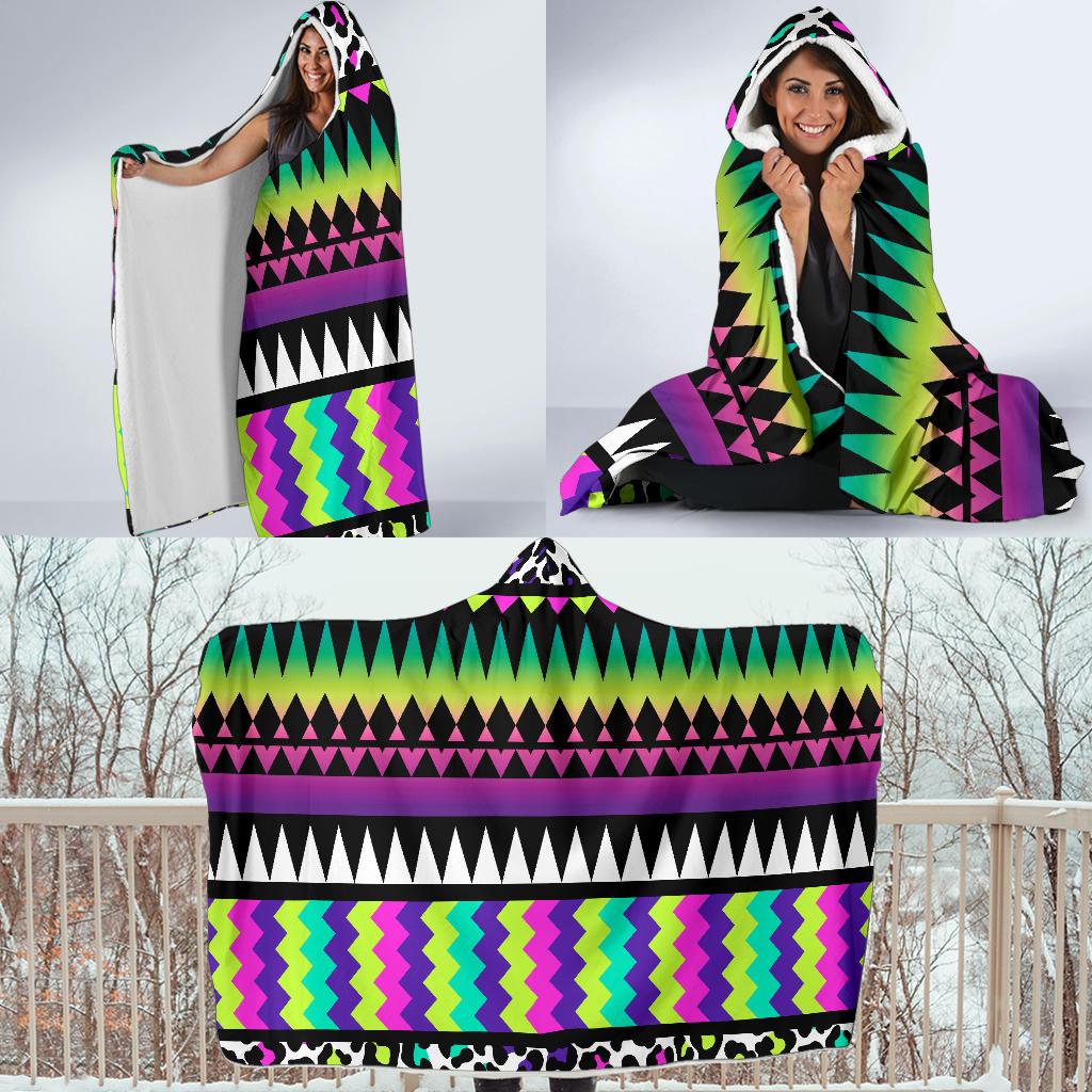 Animal Skin Aztec Rainbow Hooded Blanket-JORJUNE.COM