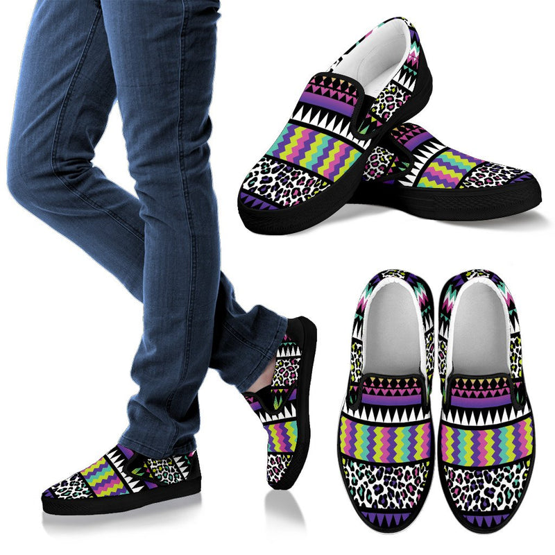 Animal Skin Aztec Rainbow Women Canvas Slip On Shoes