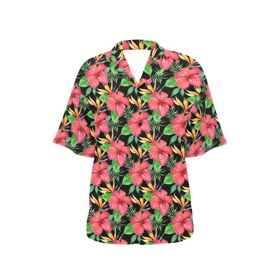 Red Hibiscus Pattern Print Design HB07 Women's Hawaiian Shirt