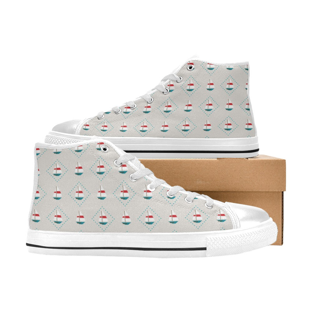 Sailboat Print Design LKS301 High Top Women's White Shoes