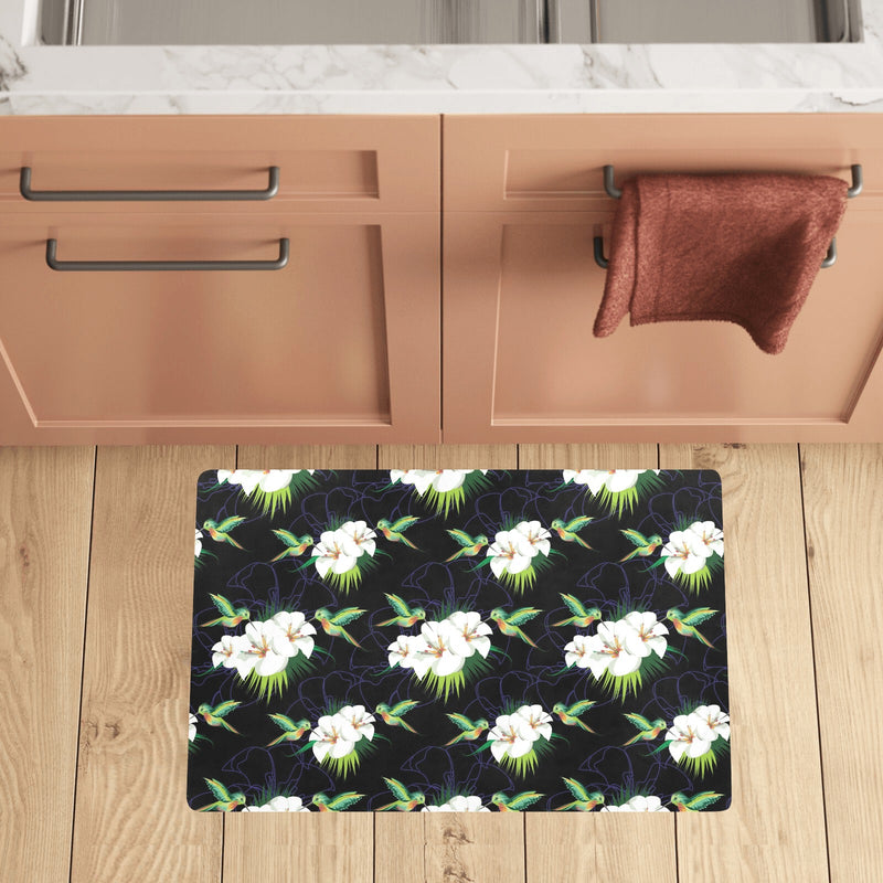 Hummingbird with Flower Pattern Print Design 03 Kitchen Mat