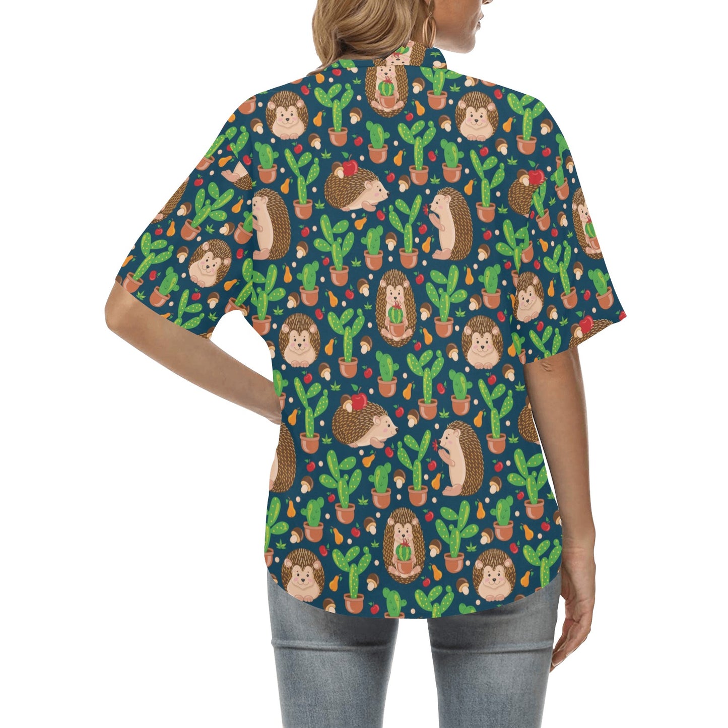 Hedgehog Cactus Pattern Print Design 04 Women's Hawaiian Shirt