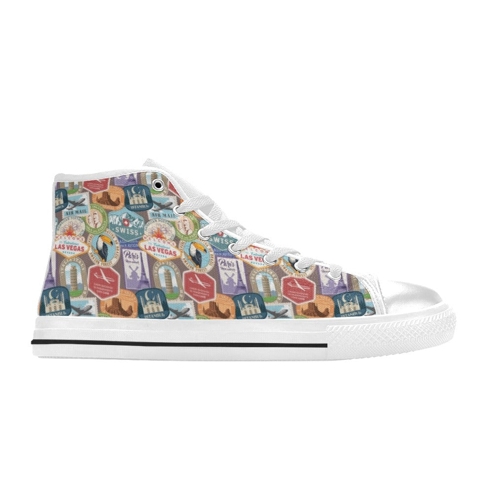 Travel Stamp Print Design LKS301 High Top Women's White Shoes